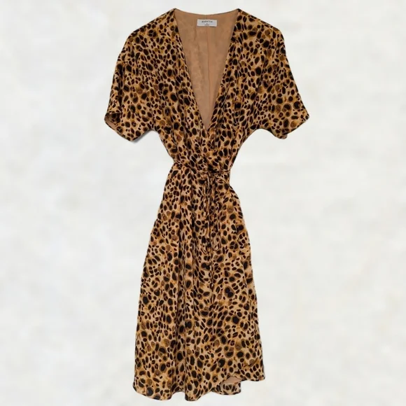 Babaton Wallace Cheetah Print Short Sleeve Lined Mini Wrap Dress Amber Blk- sz S - Picture 3 of 11